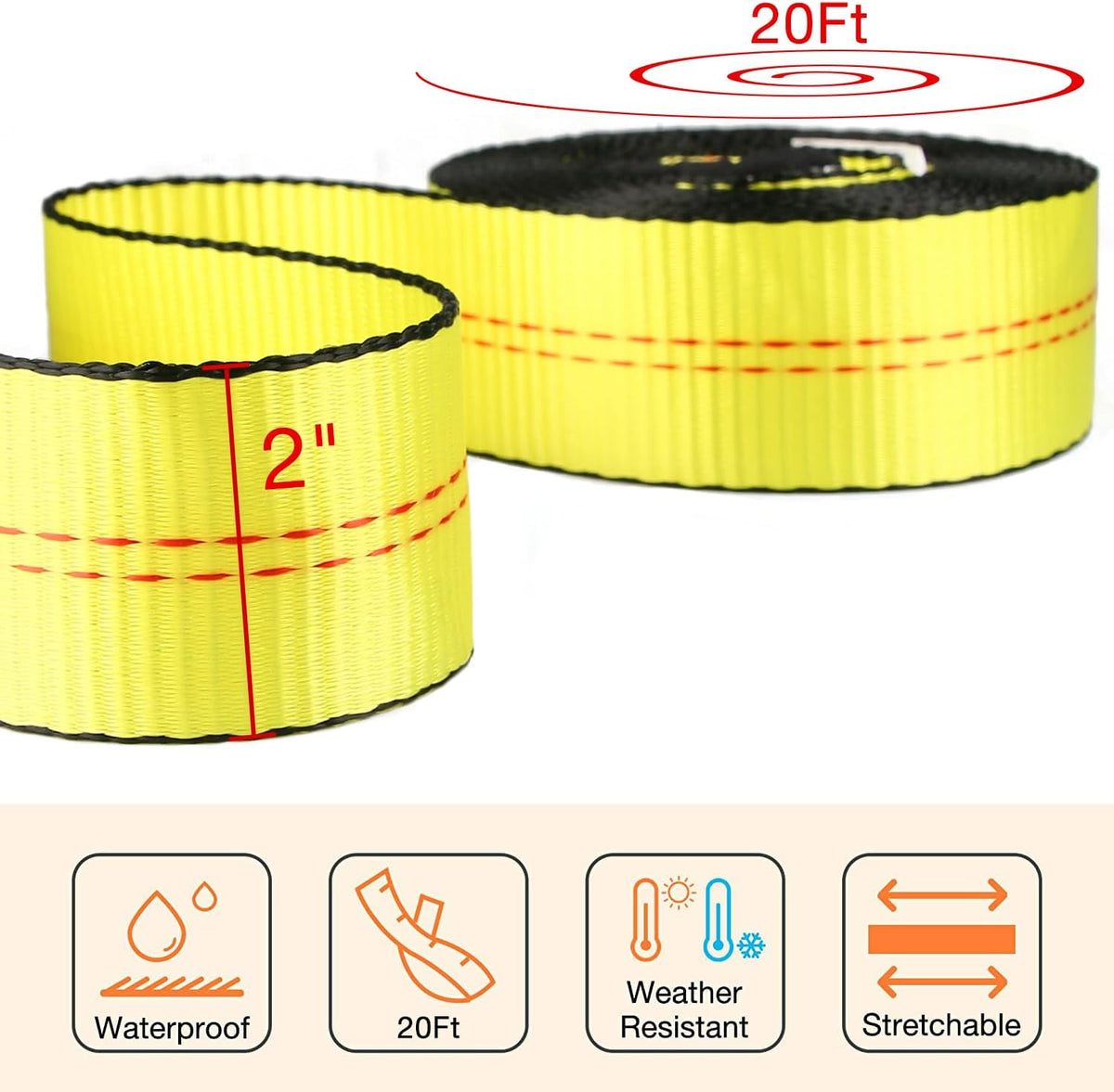 Recovery Tow Strap 2in X 20ft Heavy Duty 20,000 lbs Break Strength, Use for Emergency Towing Rope, Tree Saver, Winch Extension, Triple Reinforced Loops, Protective Sleeves,Car Accessories