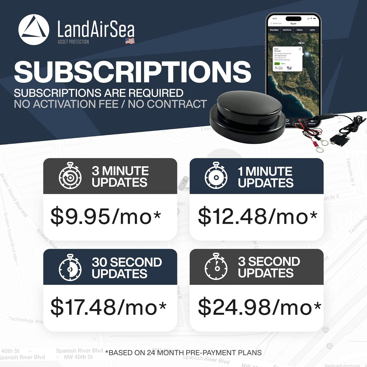 LandAirSea Overdrive Permanent GPS Tracker - Includes Waterproof Hardwire Kit and Permanent Mount. Perfect for Long-Term Tracking of Equipment, Vehicles, and More. Real-Time Global Tracking.