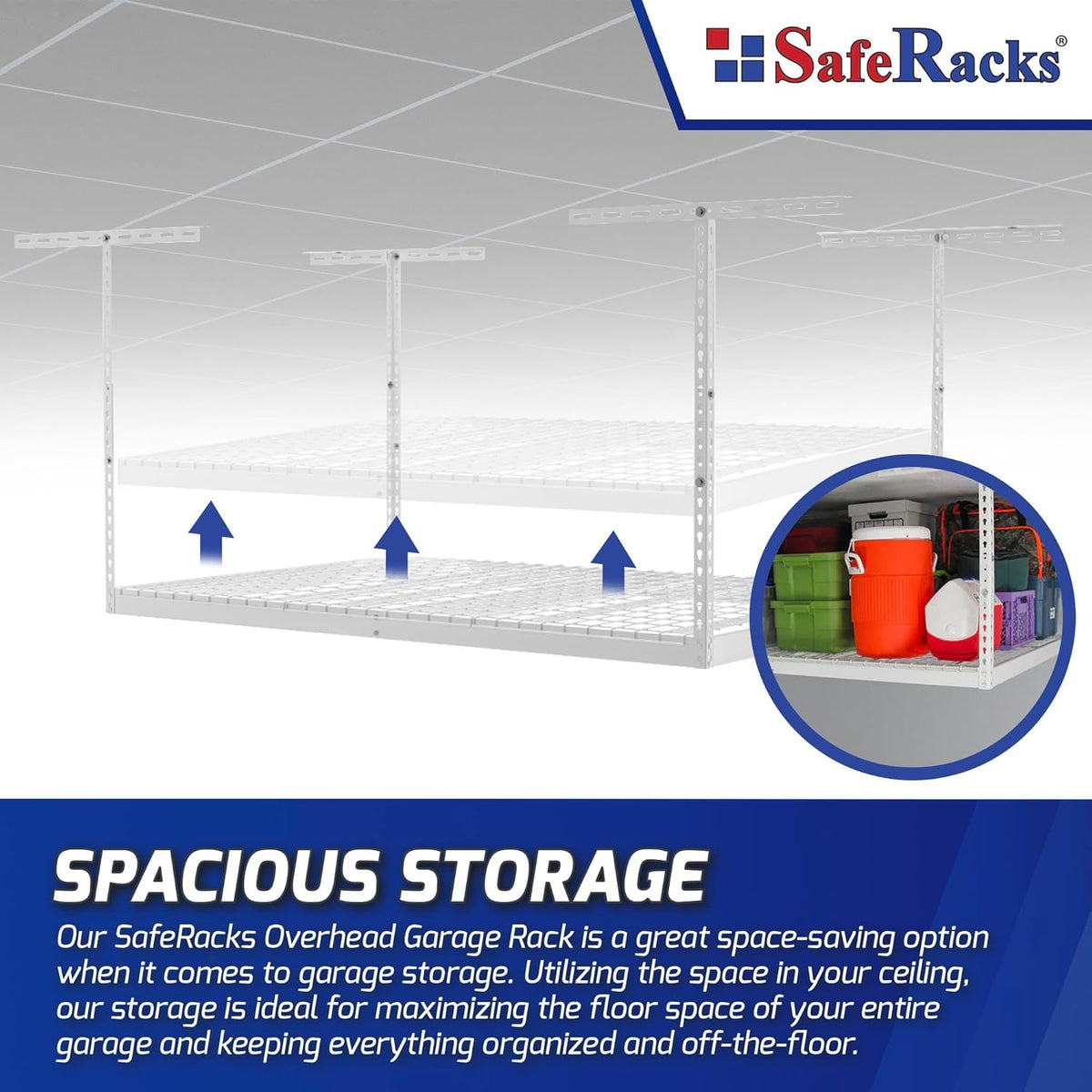 SafeRacks Overhead Garage Storage Rack - Heavy Duty Racks for Garage with 400 lb Capacity, Easy Garage Shelving, Adjustable Storage Rack, Ceiling Mount Storage Shelves 3x6 White (18"-33")