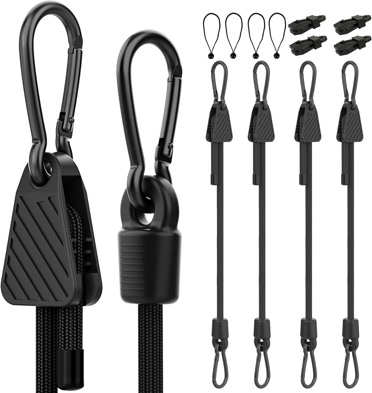 Bungee Cords with Hooks, Upgrade 12pcs Assortment Heavy Duty Outdoor with 48'' Adjustable Bungee Cords Carabiner Black, 6'' Canopy Tarp Ball Ties and Tarp Clips for Tents, Cargo, Camping