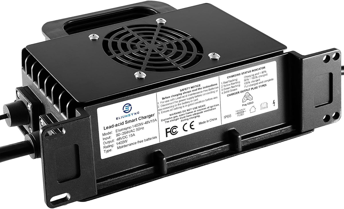 1400W Lead Acid Battery Charger 48 Volt 15 AMP 3-Pin Triangular Plug EZGO RXV & TXT Golf Carts