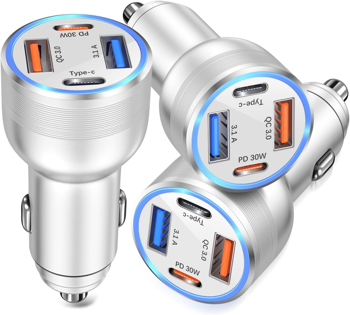 USB C Car Charger, Bangfun 3 Pack 65W 4 Ports 12V USB C Cigarette Lighter Adapter QC 3.0&PD 30W Super Fast Type C Car Phone Charger for iPhone 15/14/13/11/iPad Pro,Samsung,Android(Silver)