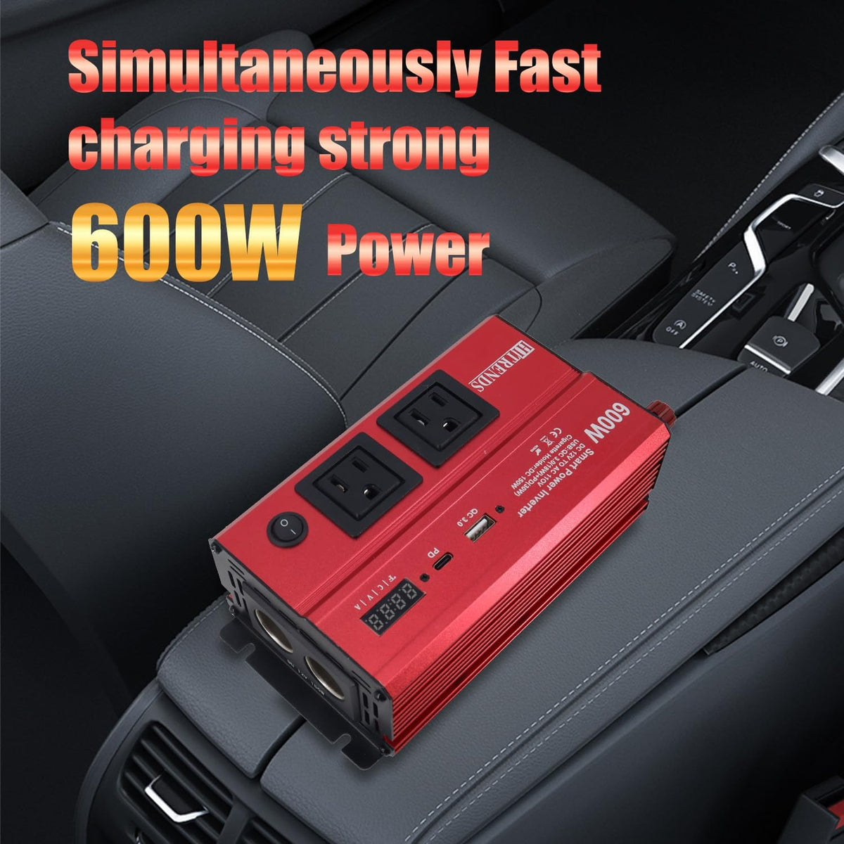 HITRENDS 600W Car Inverter, 12V DC to 110V AC, with 2 AC outlets, USB QC (18W) and Type-C (30W), Perfect for Camping, RVs, laptops, CE, FCC, ROHS Certified