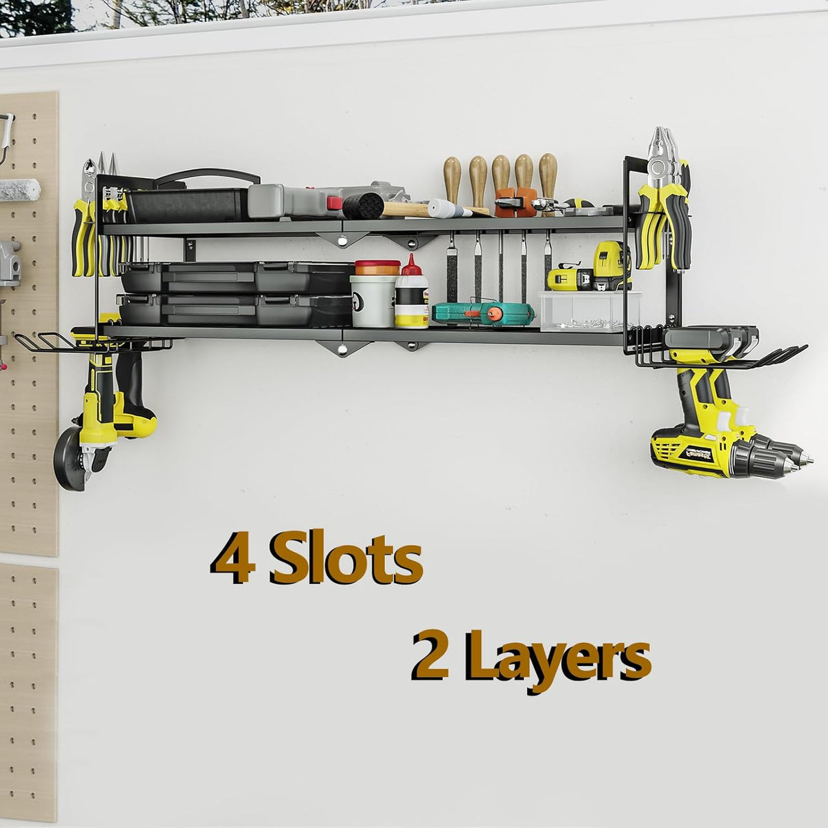 AZERPIAN Heavy Duty Power Tool Organizer Wall Mount for Drill and Cordless Tools Heavy Duty Rack for Garage Organization Workshop Pegboard (2 Layers 4 Slots)