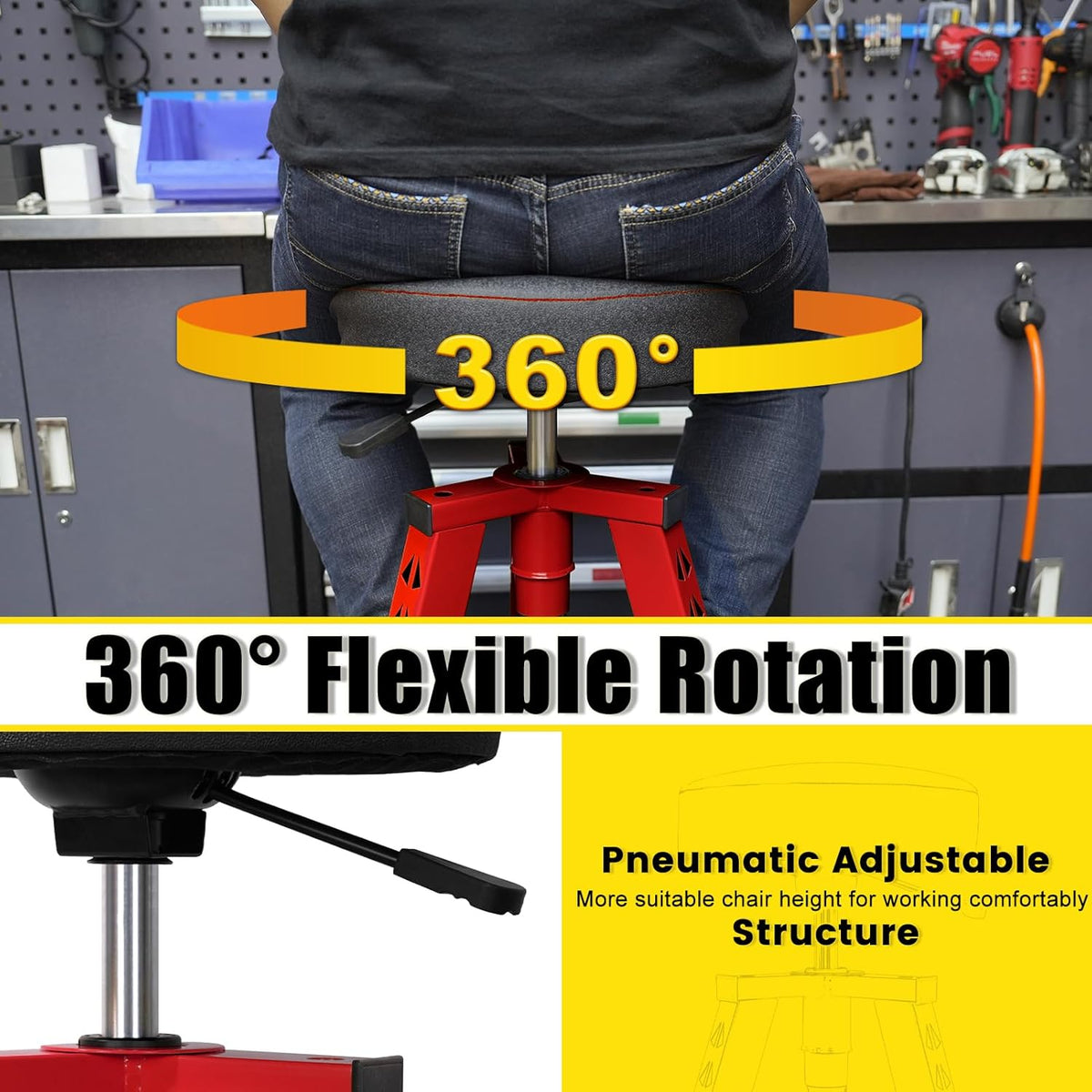 Adjustable Tall Shop Stool, Mechanic Garage Bar Stool Chair, Work Metal Chair for Workshop,360° Swivel Padded Seat, Tool Tray Storage, 350 LBS Capacity, Heavy Duty, Red