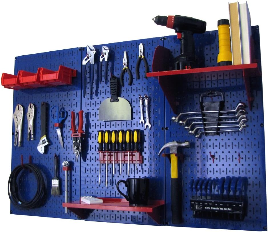 Wall Control Pegboard Organizer 4 ft. Metal Pegboard Standard Tool Storage Kit with Blue Toolboard and Red Accessories