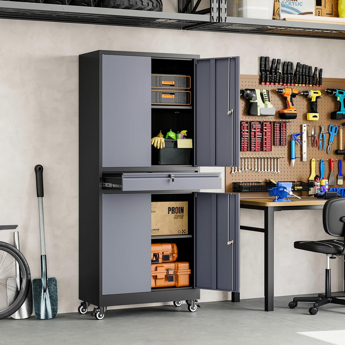 Yizosh Metal Garage Storage Cabinet with Locking Doors and Adjustable Shelves, -73" Steel Rolling Tool Storage Cabinet with 4 Wheels and 1 Drawer for Garage,Office,Warehouse