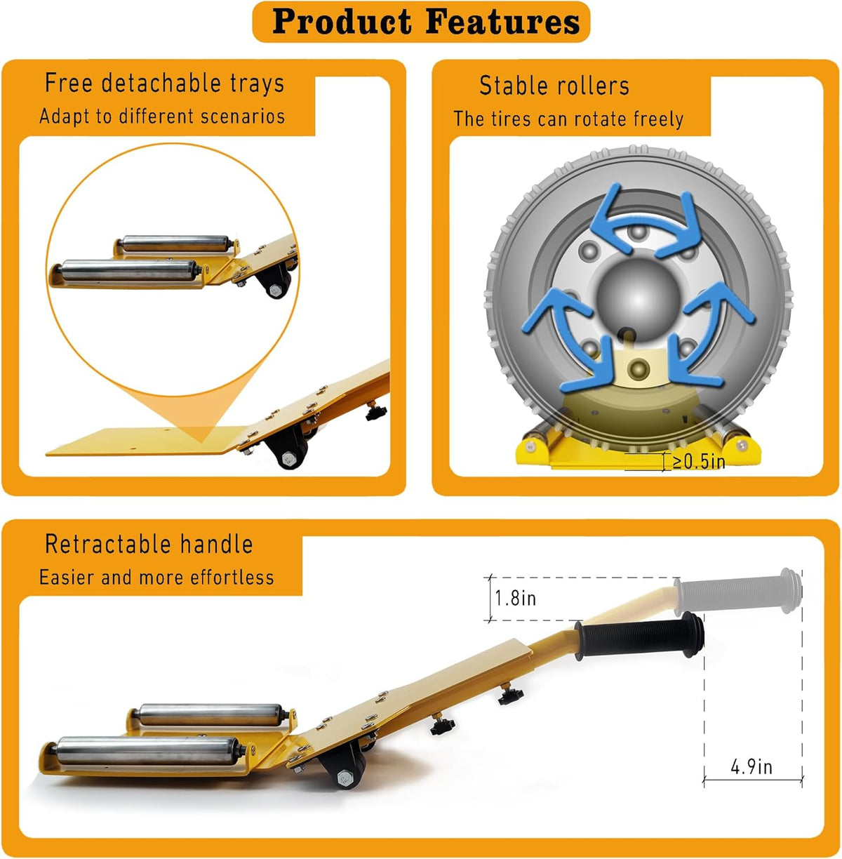 Adjustable Portable Tire Jack, Detachable Roller Plate, Heavy-Duty Tire Lifting Tool,Tire Dolly with A Load Capacity of 120 Pounds, Suitable for Cars, SUVs and Trucks, Bright Yellow Surface