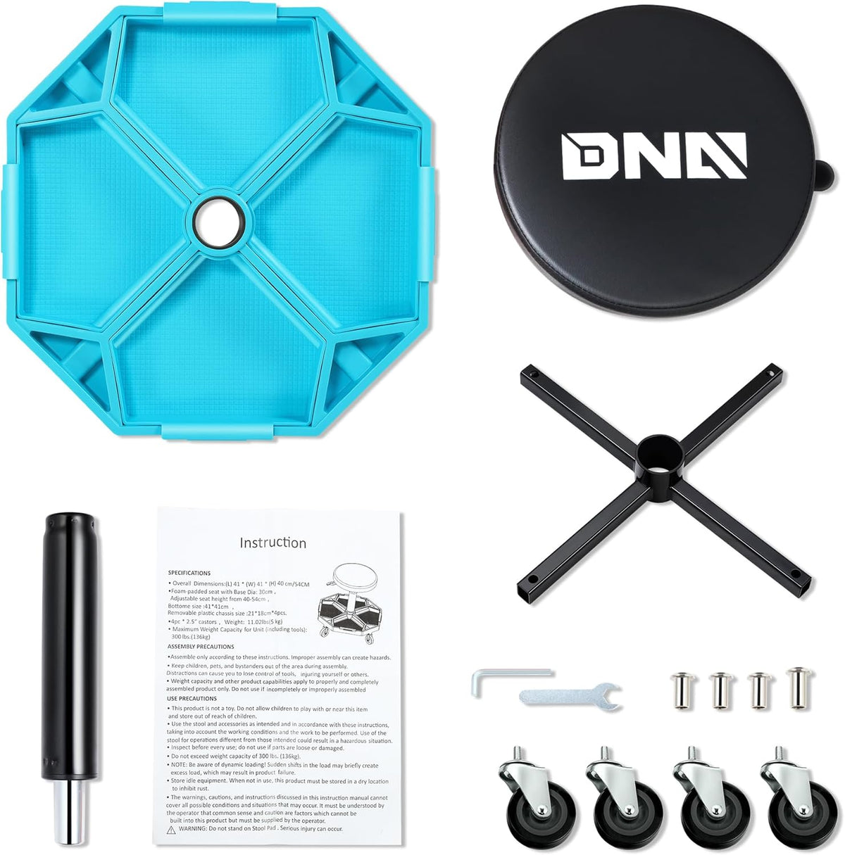 DNA MOTORING Adjustable Height Pneumatic Garage Seat Rolling Mechanic Stool with Tool Tray Storage,300lbs Max Weight Capacity, Blue,TOOLS-00480