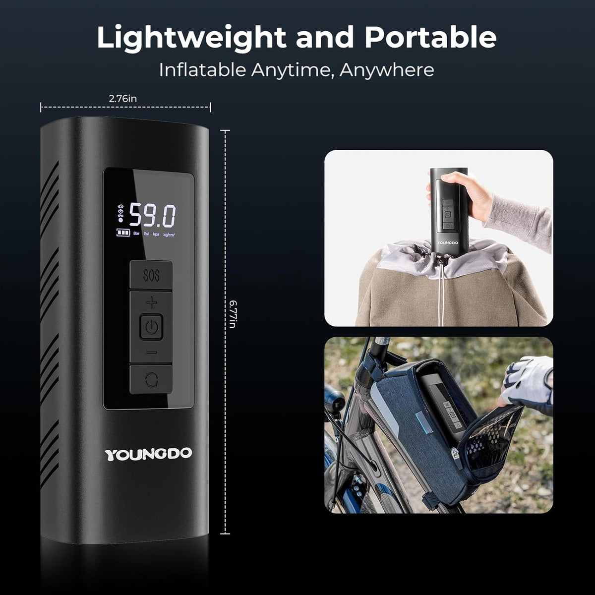 YOUNGDO Tire Inflator Portable Air Compressor, 150 PSI & 6000mAh, Tire Inflator with Pressure Gauge, Quick Inflation for Car,Motorcycle,Bike,Balls, Rechargeable Via USB-C as Torch and Power Bank