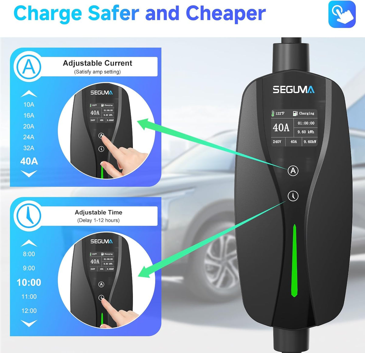 Level 2 EV Charger, 40Amp Electric Car Chargers 25FT Cable with NEMA 14-50 Plug, Adjustable Current, Timing Delay Electric Vehicle Chargers for J1772 BEVs/PHEVs 240V 9.6kW