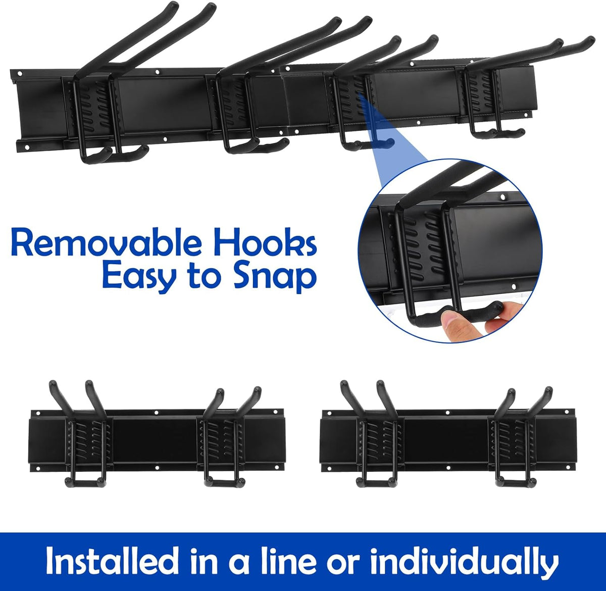 Garage Storage Rack Hooks, 32 Inch Heavy Duty Wall Mount Garage Organization with 2 Rails and 4 Adjustable Double Wall Hooks,Hanging Shelves for Garden Tool/Broom/Mop(Black)