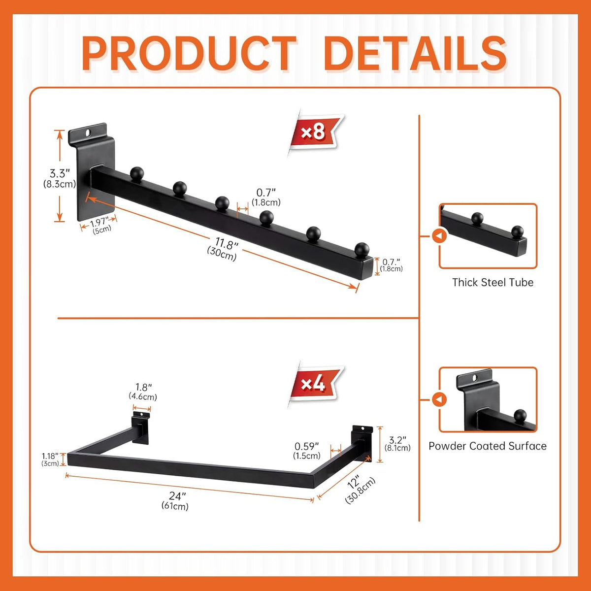 12 Pack Slatwall Accessories Kit with U-Shaped Rectangular Tubing Hangrails and Waterfall Display Hanger, Slatwall Hooks and Hanger for Clothing Retail, Merchandise Display