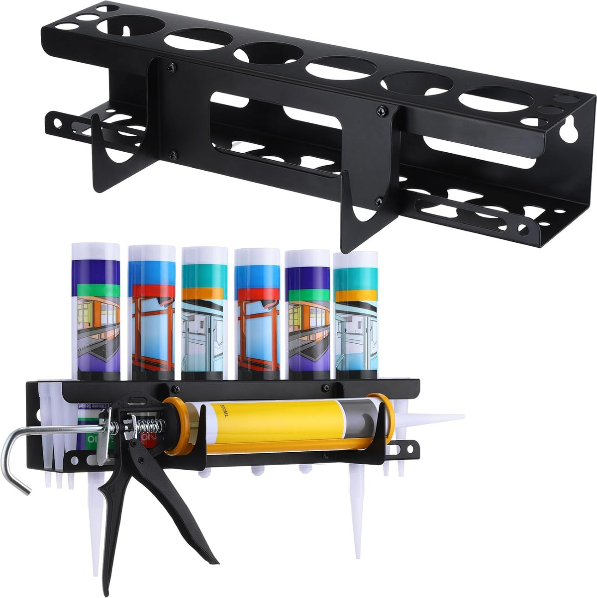 Hicarer Caulking Tube and Gun Holder Caulking Gun Storage Rack with Horizontally Base Sealant Organizer for Garage and Workspace Wall Mounted Tubes and Nozzle(1 Pack)