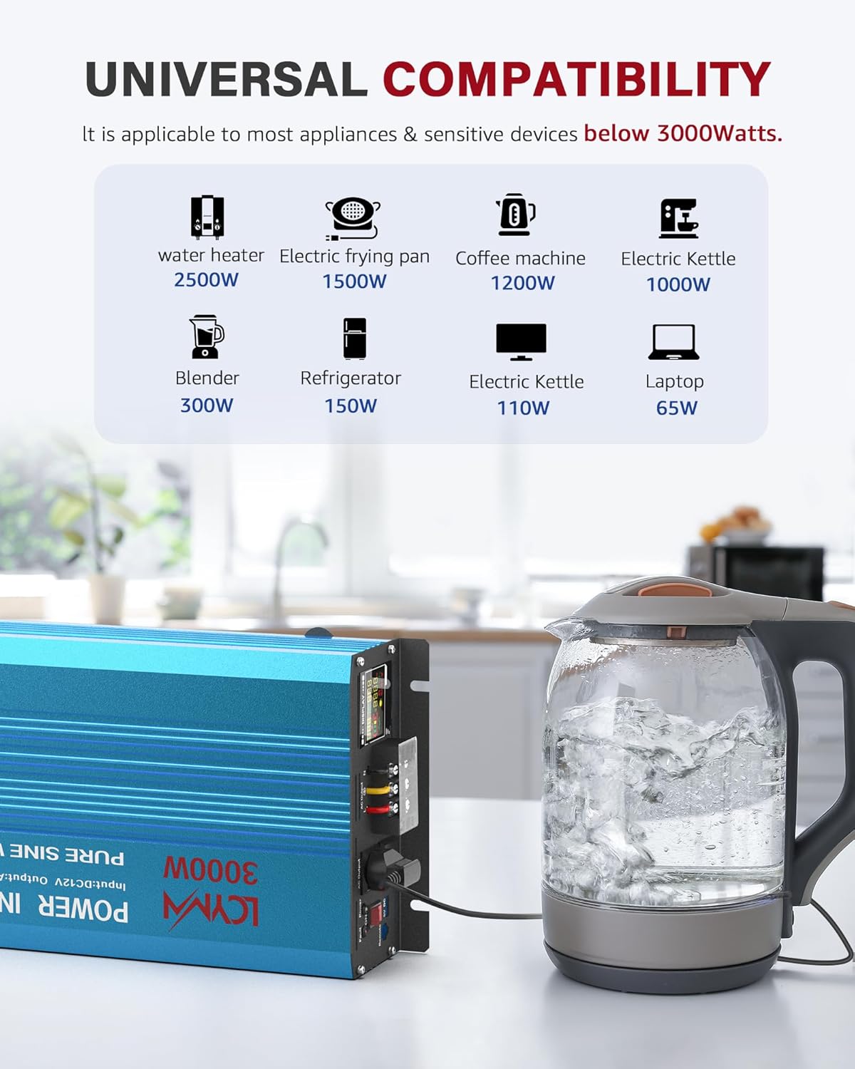 3000 Watt Inverter Pure Sine Wave DC 12V to 110V AC Power Inverters with 3 AC Charger Outlets, Car Inverter Solar Power Inverters for Vehicles Home with LCD Display and 2.4A USB Charging Ports