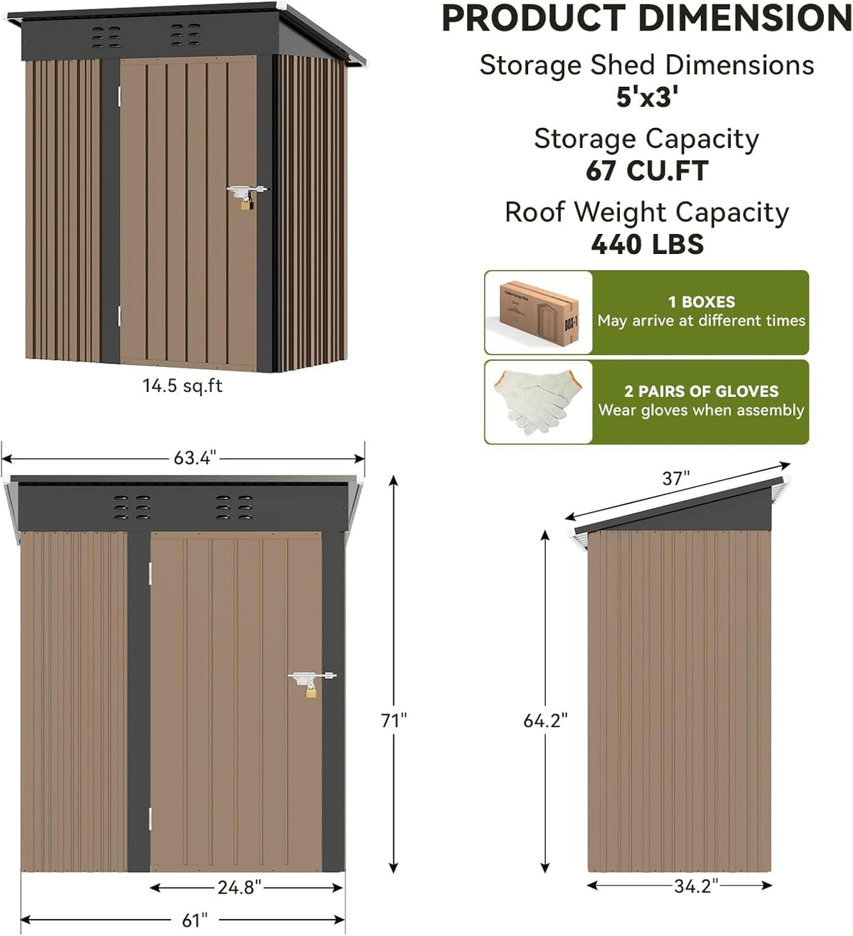 COMHOMA Shed Outdoor Storage Shed Metal,Lockable Doors Tool Sheds with Sloping Roof,Steel Garden Shed with Air Vent for Backyard,Patio,Lawn,Poolside (Brown, 5'*3')