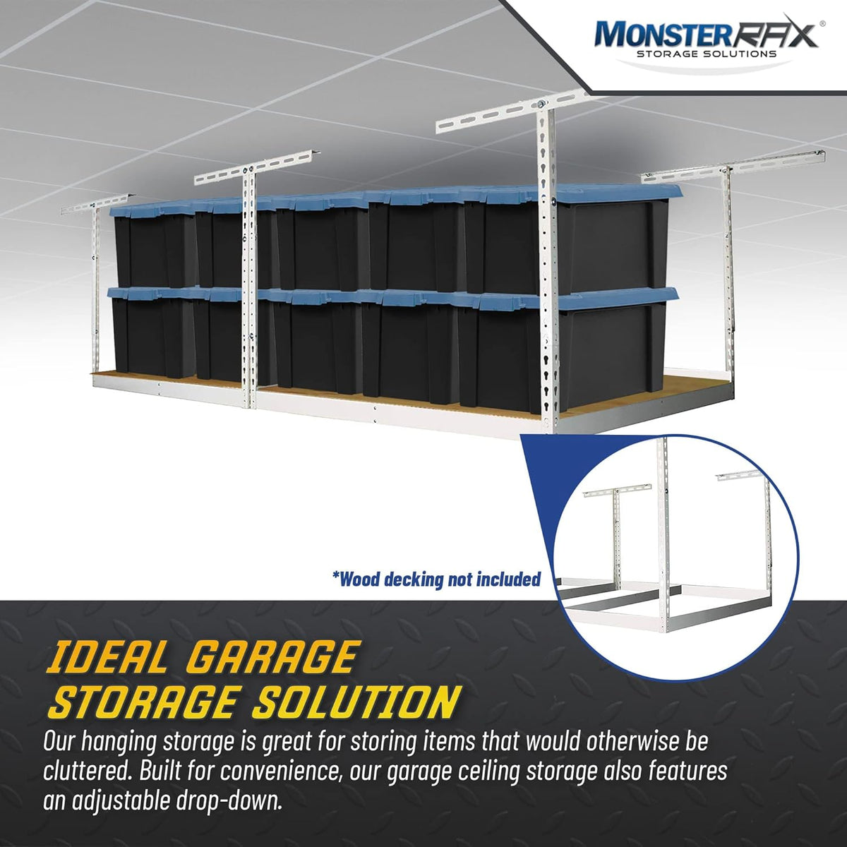 MonsterRax 4x8 Overhead Garage Storage Rack Frame Kit - Hanging Garage Ceiling Storage Rack System - (White, 24"-45")