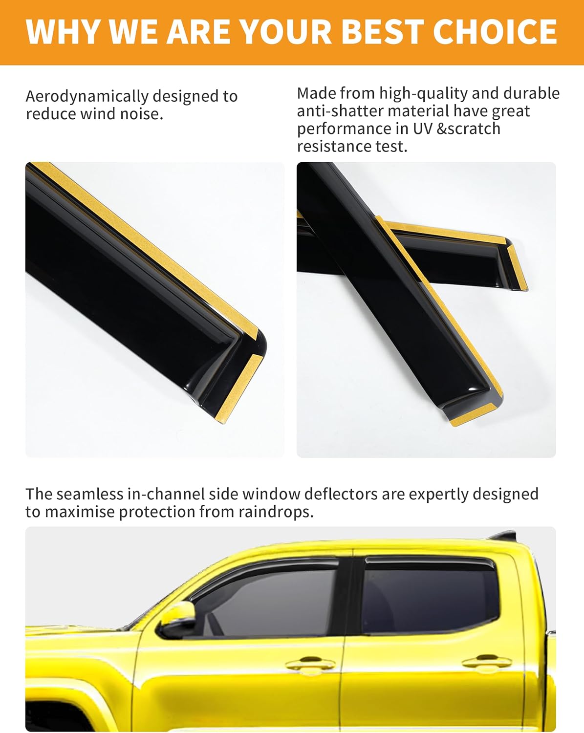 in-Channel Window Rain Guards Fit for Truck Toyota Tacoma 2016 2017 2018 2019 2020 2022 2023 Double Cab Extra Durable Window Deflectors Vent Visors Shades Exterior Car Accessories