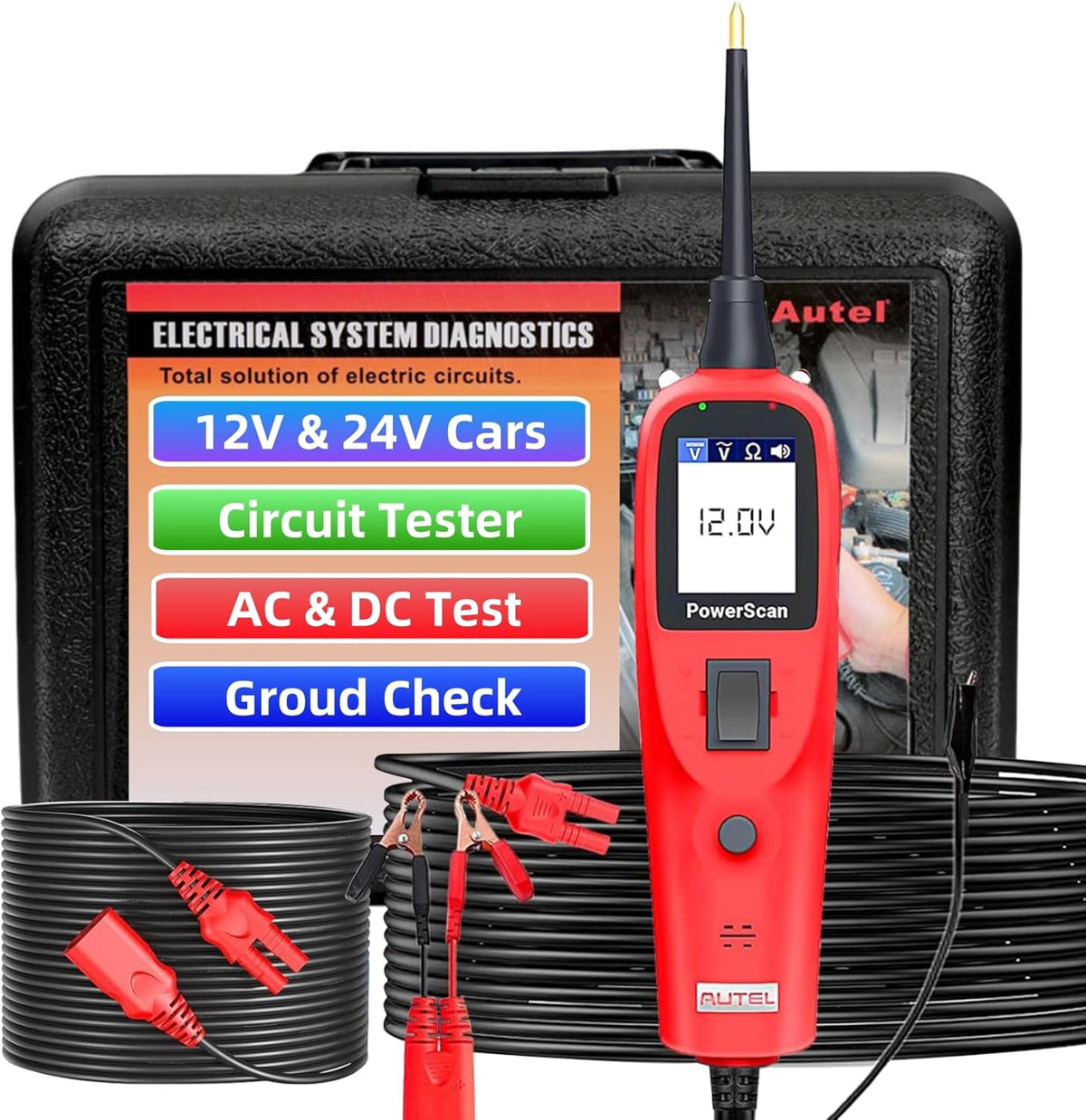 Autel PowerScan PS100 Automotive Circuit Tester, Power Circuit Probe Scan Tool, 12-24V Electrical Short Open Breaker Circuit Finder, AC/DC Current Resistance, 20ft Extension Cord, for 99% Car