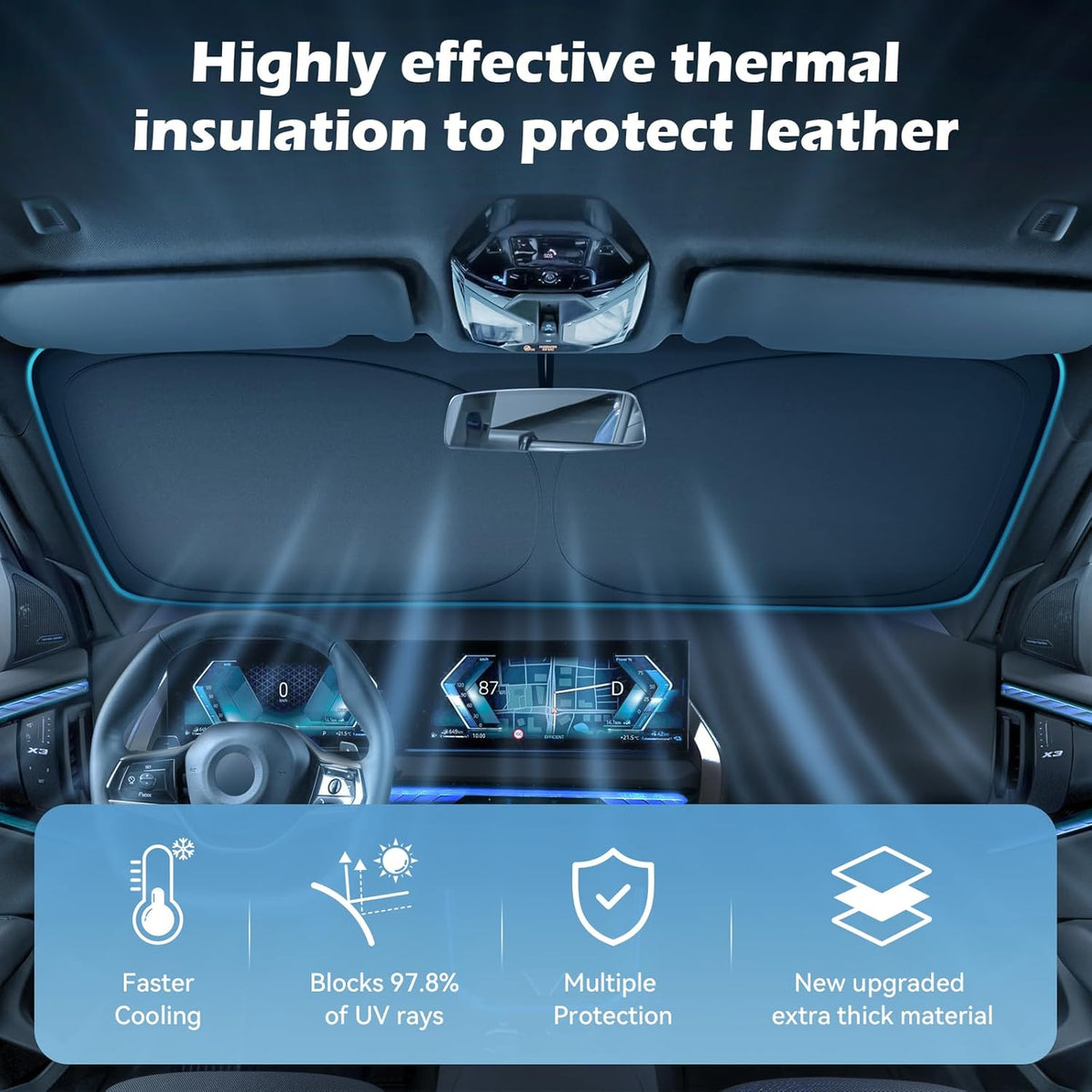 Car Windshield Sun Shade, 300T Thickened Car Window Shades Heat Reflective Interior Cool, Universal Fit for Most Cars SUVs Trucks, Foldable & Portable Design (L (57" × 31"))