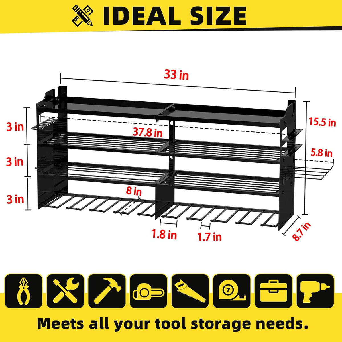 Power Tool Organizer Wall Mount with 8-Drill Holders-600Lbs Load Heavy Duty Metal 4-Layers Garage Storage & Organization Battery Tools Rack with Side Panels Utility Racks Workshop Gifts for Men