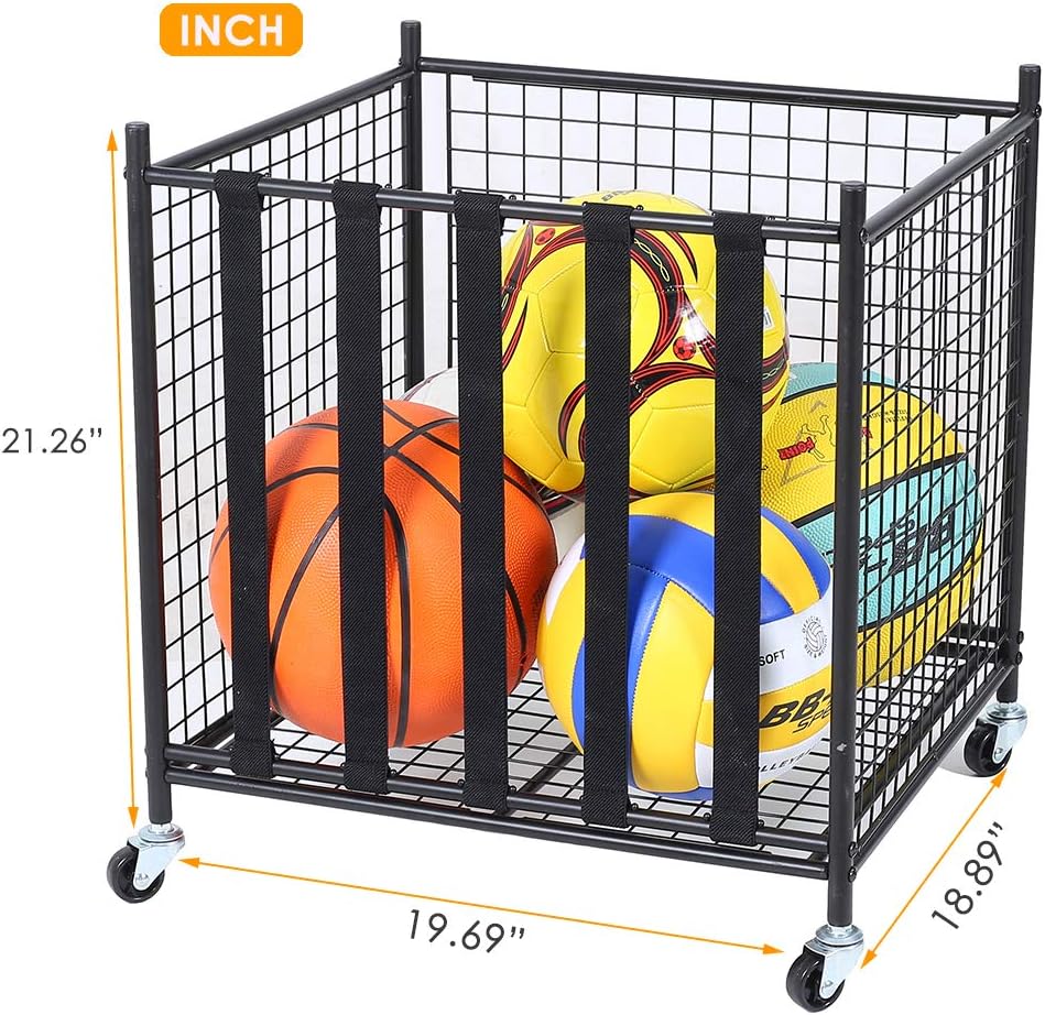 Snail Garage Sports Equipment Storage Organizer Sports Ball Storage Rolling Cart with Basket and Hooks Lockable Sports Ball Cage Storage Rack for Garages, Playgroup, Gym and Schools, Black