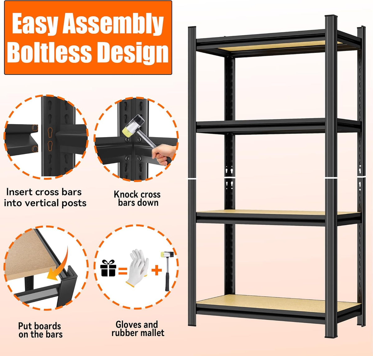 Garage Shelving, 4-Tier Adjustable Storage Shelves, Metal & Wood Pantry Shelf Organizer, Modern Garage Shelving Unit, Utility Storage, (Wood 45.7" H x 23.6" W x 11.8D)