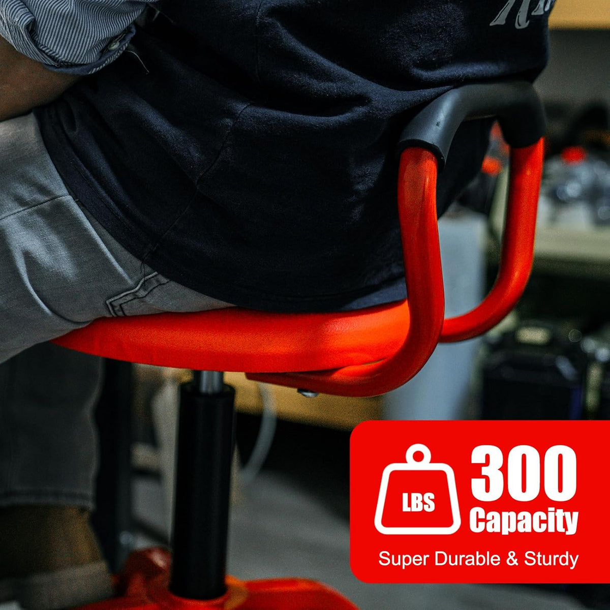Garage Stool, Adjustable Height Swivel Work Mechanic Shop Stool with Backrest, Pneumatic Shop Chair for Home, Workshop, 300 LBS Capacity, 360° Rotation, Heavy Duty, Red