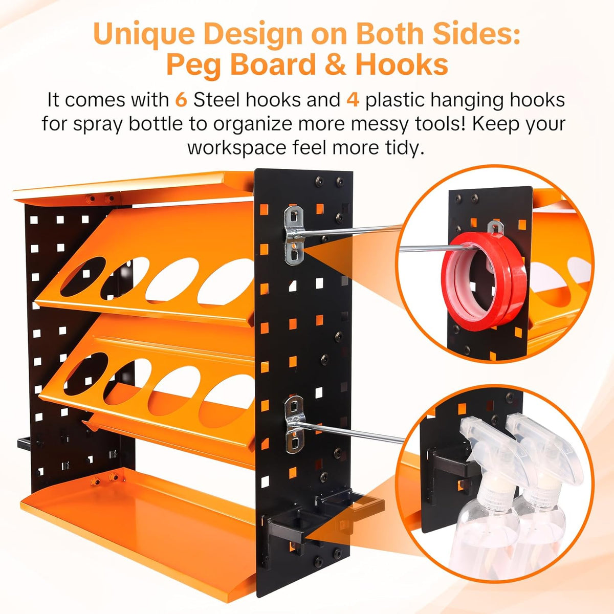 Heavy Duty Metal Spray Can Holder - Wall Mount or Countertop Spray Bottle Lube Can Organizer for Garage & Home & Workshop, Peg Board on Both Sides | 8 Can Holes & 6 Steel Hooks, 5 Plastic Hooks