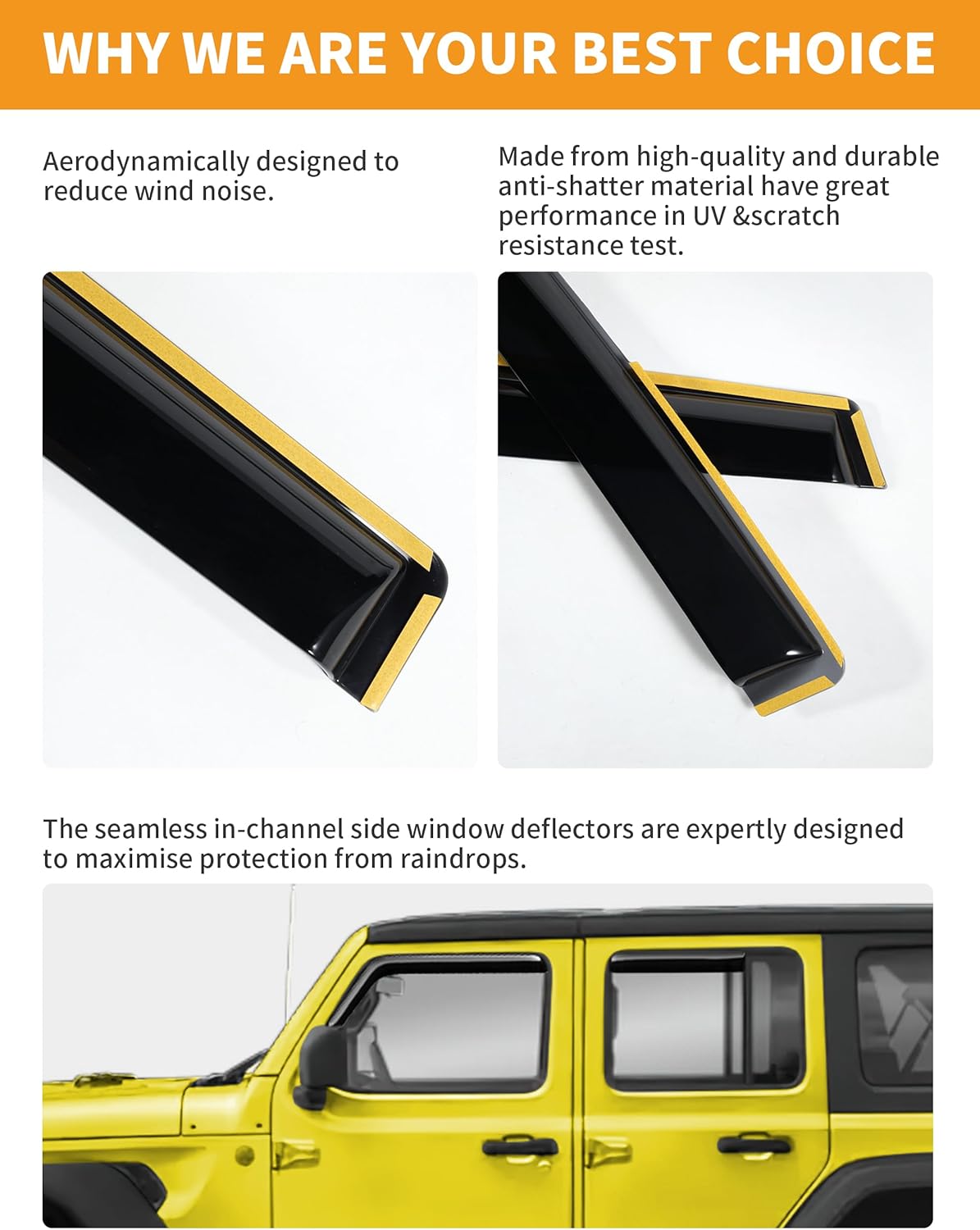 in-Channel Window Rain Guards Fit for Jeep Wrangler JL 2018-2025/Gladiator 2020-2025 Extra Durable Window Deflectors Vent Visors Shades Exterior Car Accessories Visors Rain Guards