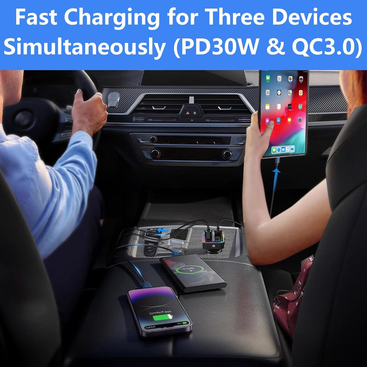 Bluetooth FM Transmitter for Car - Bluetooth Car Adapter with Type-C PD(30W) Charger, Dual QC3.0 USB Port, Aux Port - Support Handsfree Calling, 7 Colors Backlight, U Disk, MP3 Player