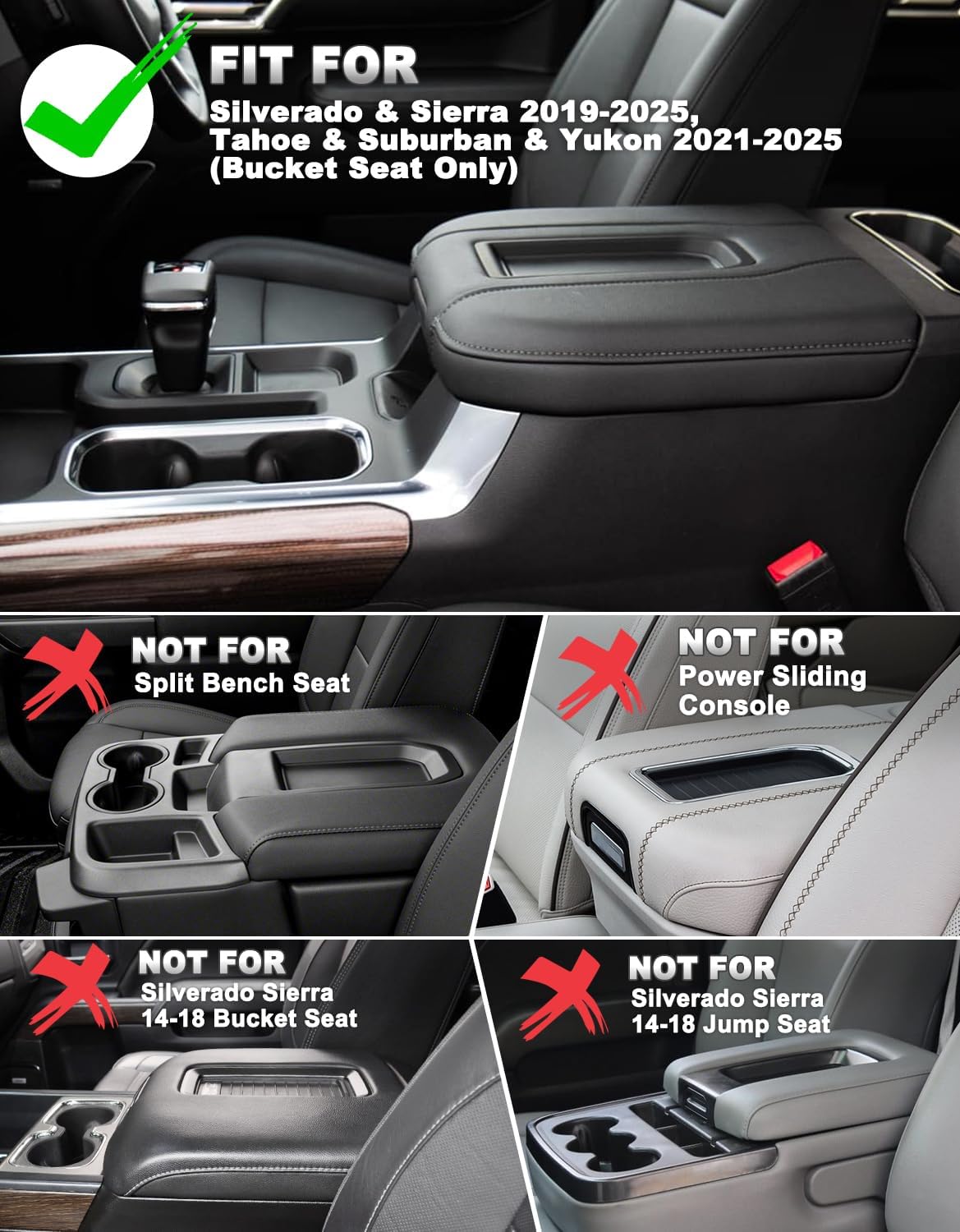 Center Console Cover for Chevy Silverado & GMC Sierra 1500 Accessories 2019-2025, Tahoe & Suburban & Yukon 2021-2025, Vinyl Car Armrest Protector, Floor Console Bucket Seat Only, Anti-Scratch, Black