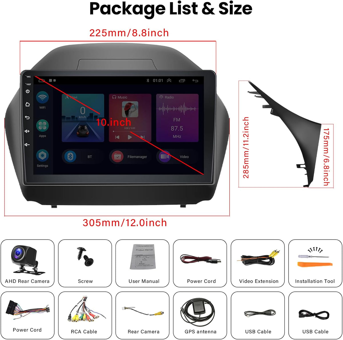 2+64G Android Car Stereo for Hyundai Tucson IX35 2010-2015 with Apple Carplay Android Auto Mirror Link 10.1 inch Touch Screen FM RDS HiFi Bluetooth WiFi GPS+Camera&MIC