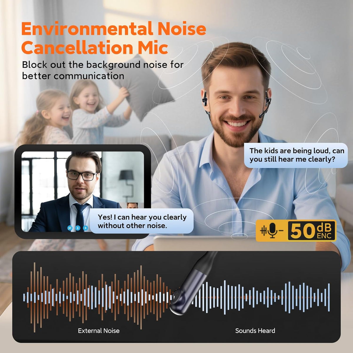 Pilot P200b Pro Wireless Headset with Mic for Work, 50dB Noise Cancelling Headphones with ENC, Bluetooth 5.3 - Wireless Computer Headset for Meetings and Calls