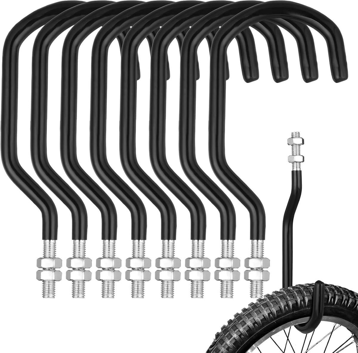 Shimeyao 8 Pcs Machine Thread Bicycle Storage Hook with Nut Heavy Duty Bike Hooks M10 x 1.5 Machine Threading Hook Rubber Coated Bicycle Hanger for Hanging Large Mountain Bike Tire (3.15 Inch,Black)