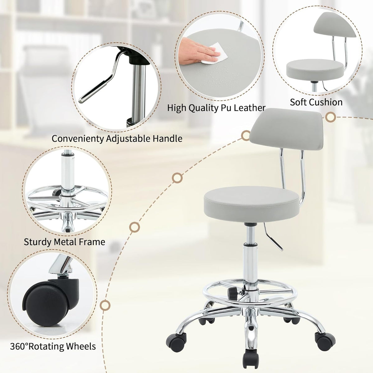 Rolling Massage Chair, Height Adjustable Salon Stool with Wheels 19.5’’-26.6’’, Gray Guitar Stool (Gray)