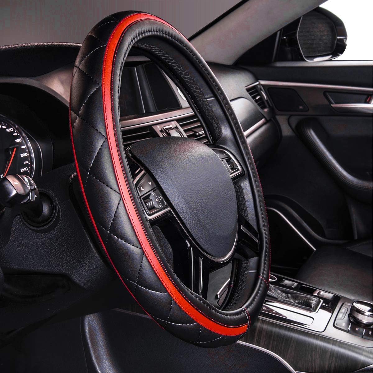 CAR PASS Sporty Quilting Leather Universal Fit Steering Wheel Cover,Fit for Suvs,Vans,Sedans,Trucks for 14.7" to 15" (Black & Red)