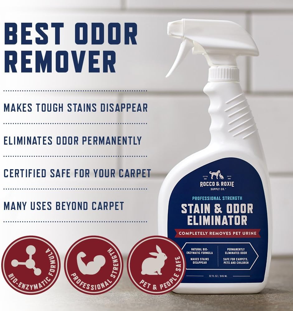 Rocco & Roxie Stain & Odor Eliminator for Strong Odor, 32oz Enzyme Pet Odor Eliminator for Home, Carpet Stain Remover for Cats & Dog Pee, Enzymatic Cat Urine Destroyer, Carpet Cleaner Spray