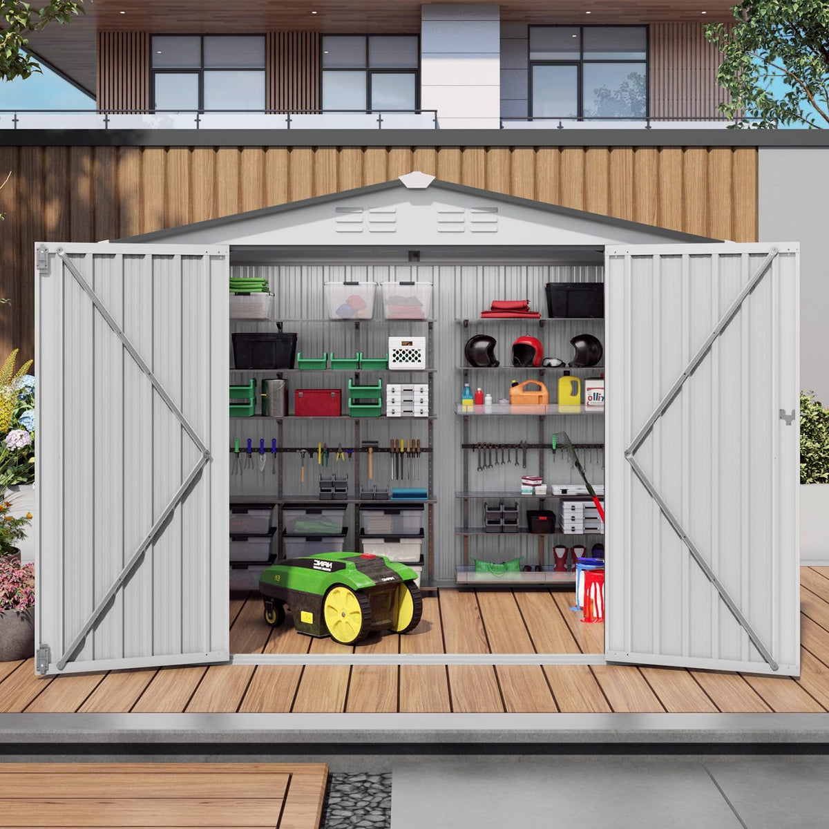 8x6 FT Outdoor Storage Shed with Windows, Metal Sheds & Outdoor Storage with Lockable Door and 4 Vents, Outside Storage Shed Waterproof for Backyard, Patio, White+Gray