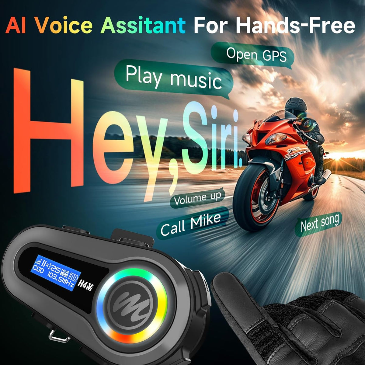Moman Motorcycle Helmet Headset, H4M with 【LCD Screen & 6 EQ Sound】 Motorbike Helmet Speaker Single Person Use BT5.3 Headphone with HiFi Stereo FM Radio AI Voice Assitant IPX6 Waterproof