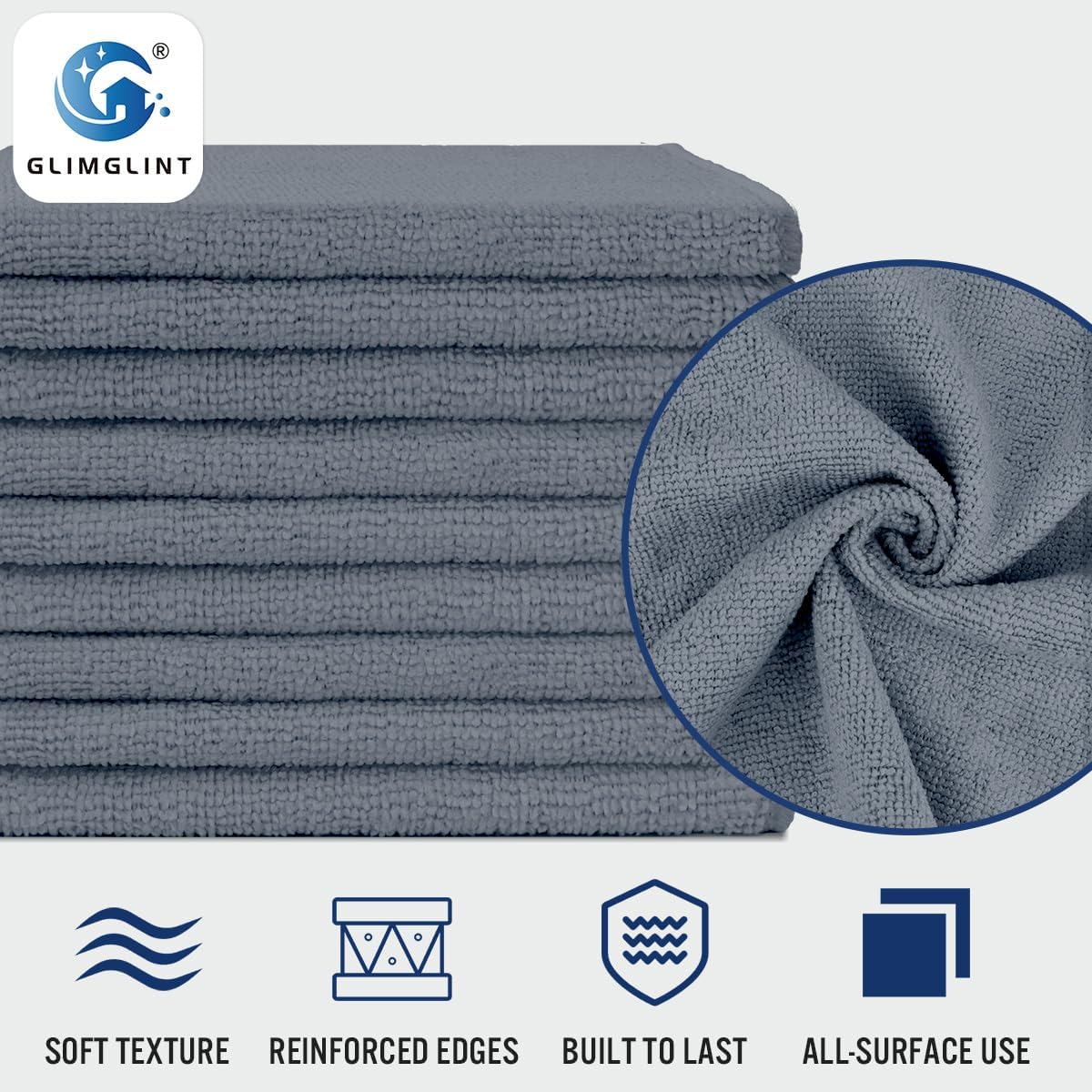 GLIMGLINT Grey Microfiber Cleaning Cloth, 12 Pack Cleaning Towels for Kitchen, Lint Free, Scratch-Free, Highly Absorbent, and Reusable Cleaning Rags for House, Window and Glass, Cars, 14"X12"