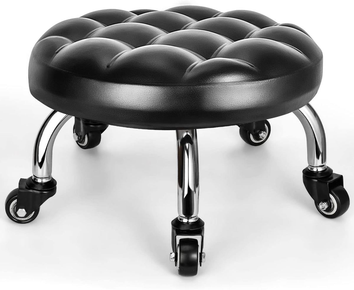Low Rolling Stool, Low Stool with Wheels, PU Leather Low Roller Seat Stool Chair, Rolling Seat Stool for Home Office Garage Shop (Style 1)