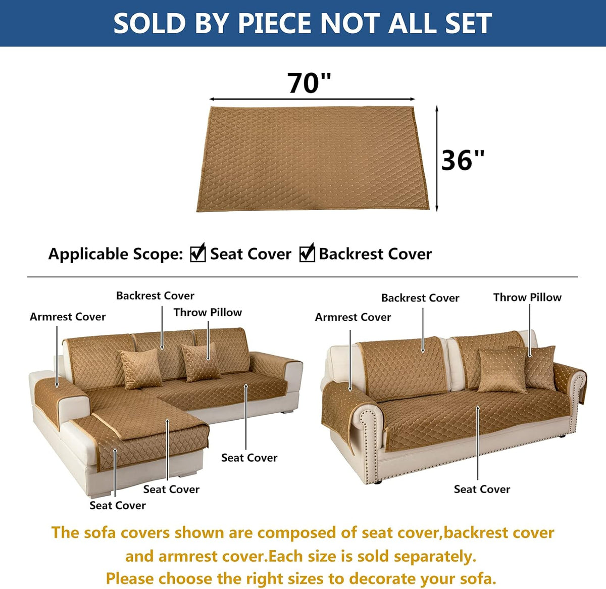 Eismodra Couch Cover,Sectional Couch Covers,Sofa Covers for 3 Cushion Couch,Anti-Slip Sofa Slipcovers for Dogs Cats Kids Loveseat Recliner L Shaped Armrest Backrest,Coffee 36''x70''(Only 1 Piece)