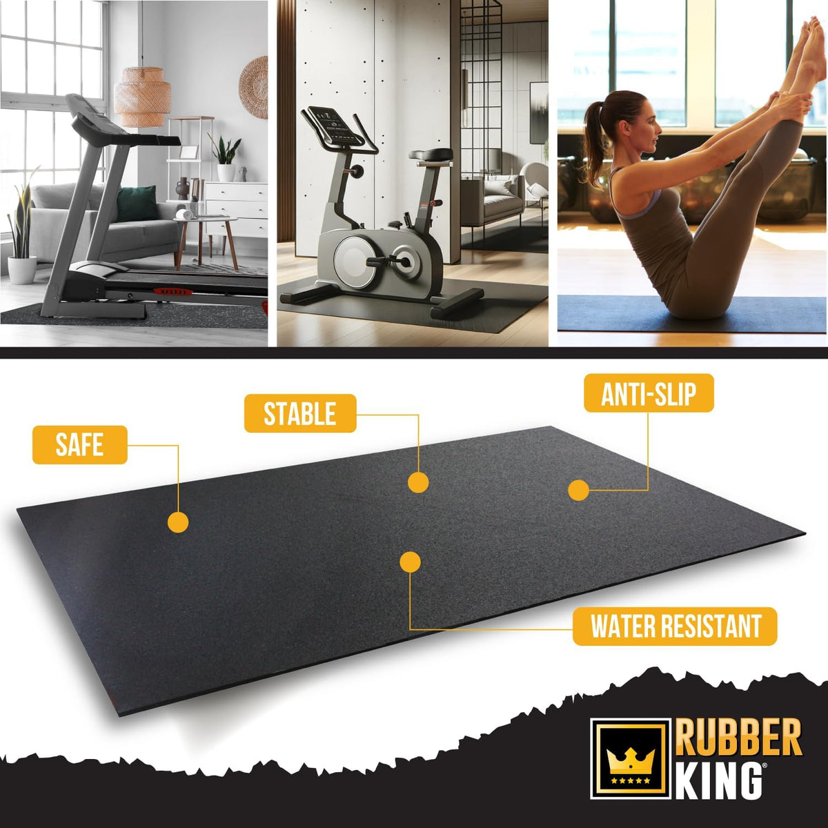 Rubber King Multi-Purpose Exercise Mat - 100% Recycled Thick Rubber Mat for Home Gym Flooring, Non-Slip, Low-Odor Durable Workout Mat for Indoor/Outdoor, Shoe-Friendly