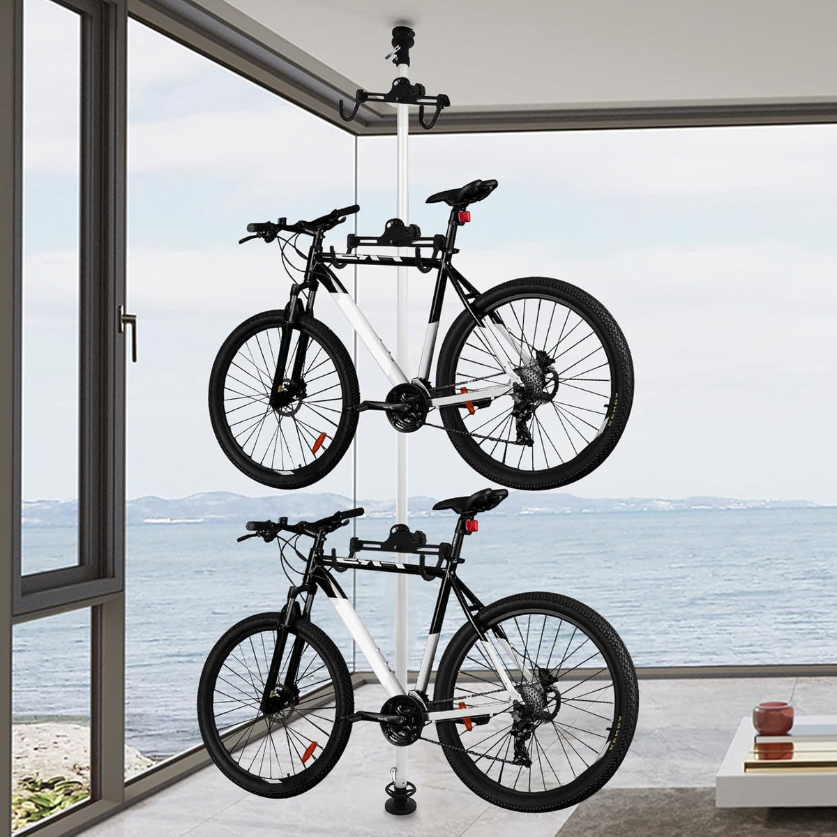 Floor to Ceiling 3 Bike Vertical Freestanding Hanger Parking Rack, Bicycle Storage Rack 360° Adjustable Hook Indoor Bike Storage Pole Stand for Storing Bicycles in Garages or Apartments