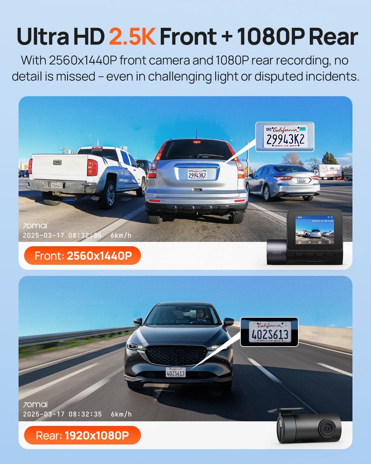 70mai Dash Cam Front and Rear - 2.5K+1080P Dual Dash Camera with HDR, Super Night Vision, F1.55 Aperture, 24H Parking Mode, Built-in Wi-Fi & GPS, G-Sensor, Loop Recording, 64GB Card Included (A410)