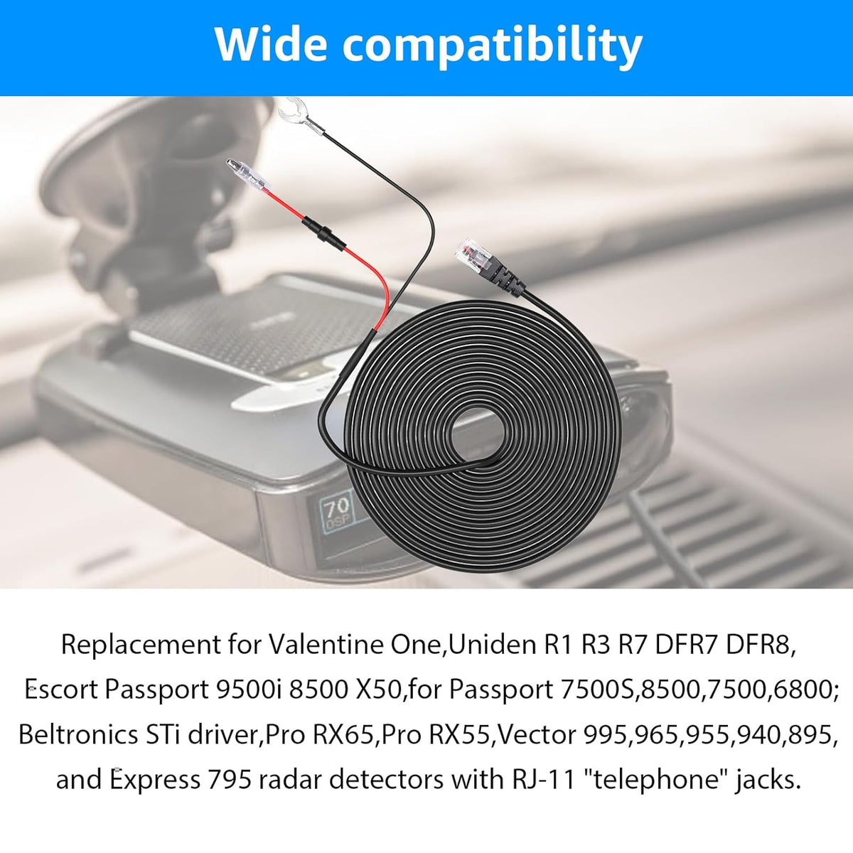 Radar Detector Hardwire Kit,Compatible with Escort Valentine One Uniden Beltronics Cobra,with RJ-11 Telephone Style Jack Direct Wire Wiring Kit Multiple Fuse Sizes Power Cord Cable