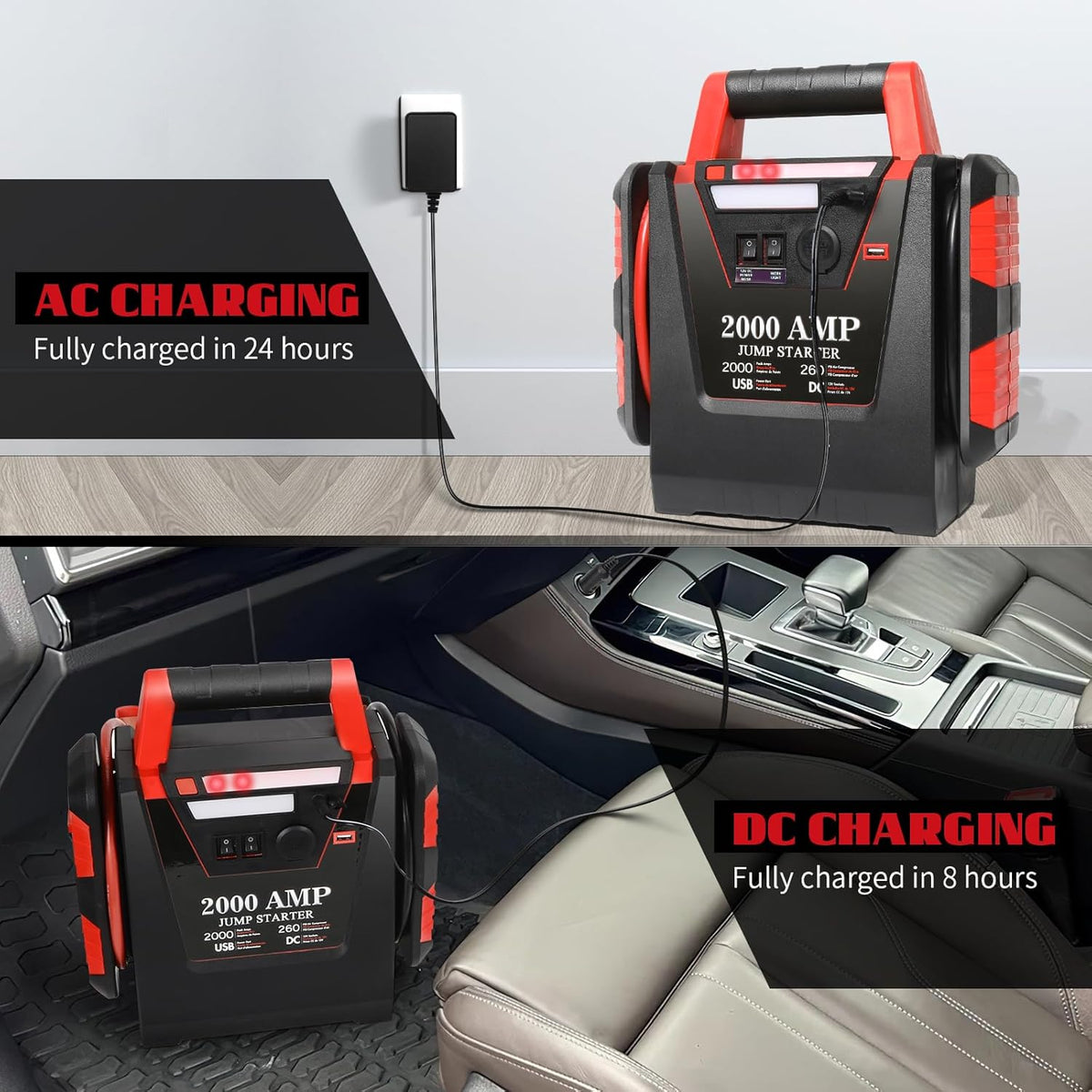 2000A Jump Starter with Air Compressor,Car Battery Jumper Starter 260 PSI Tire Inflator,6 in 1 Auto Lead-Acid Battery Booster Jump Starter for Up to 10.0L Gas or 8.0L Diesel with LED Light