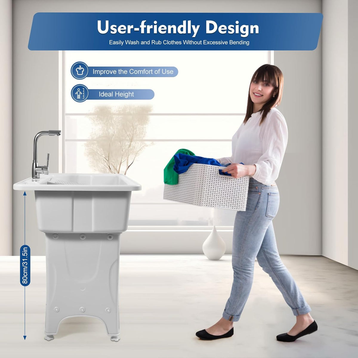Freestanding Utility Sink Plastic Laundry Tub Spacious Sink with Storage Shelf Indoor Outdoor Wash Station for Bathroom Washing Room (Gray, 31.5*22.05*31.5in)