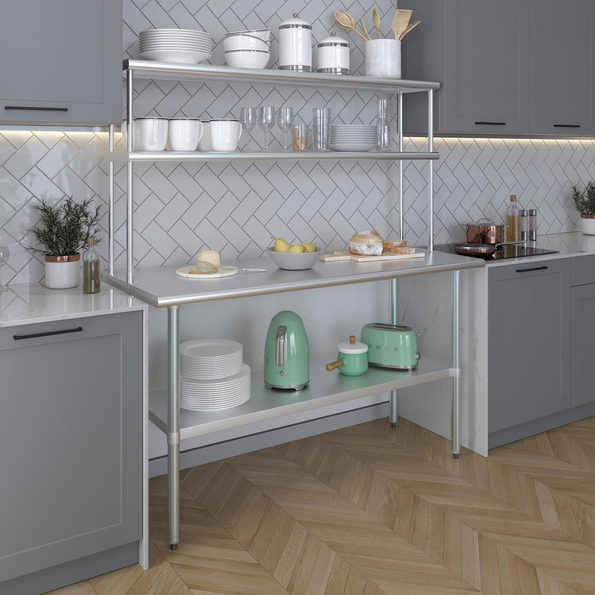 Amgood Stainless Steel Work Table Double Tier Overshelf | Metal Kitchen Prep Table & Shelving Combo (24" x 60" Work Table + 12" Overshelf)